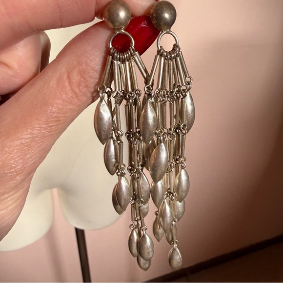 Sterling silver southwestern tribal long shoulder duster chandelier earrings - Picture 3 of 16